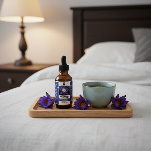 Blue Lotus Extract in a 1 ounce amber dropper bottle on a wooden tray beside a ceramic cup in a softly lit bedroom.